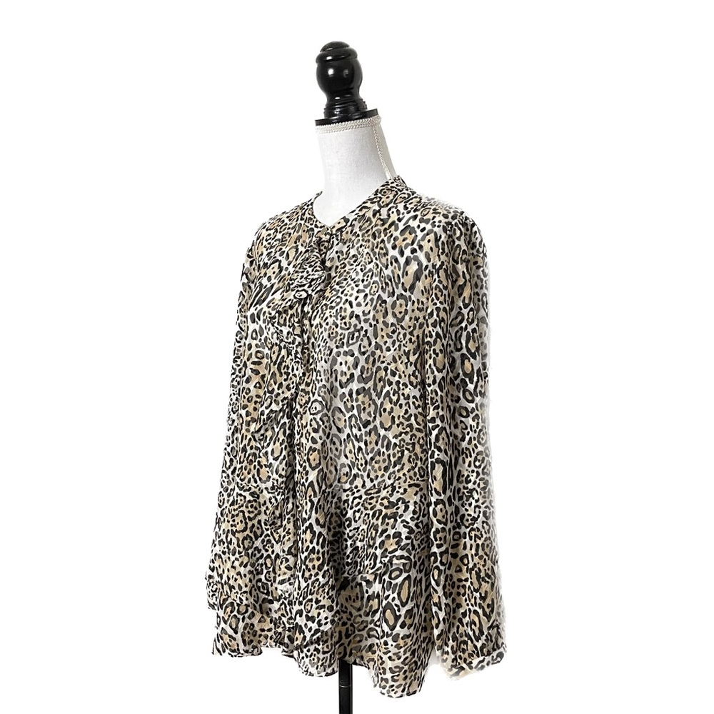Chicos 3 Leopard Animal Print Ruffle Blouse Top Sheer XL 16 Brown Long Sleeve
